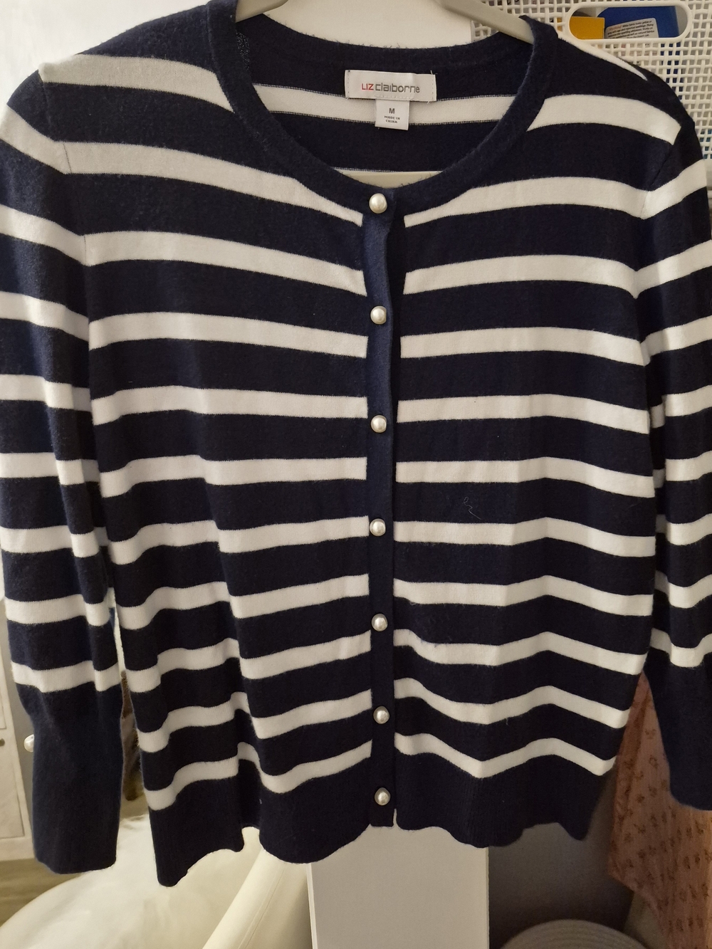 Liz Claiborne Navy and White Striped Pearl-Button Cardigan
